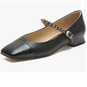 FYS Black Square Toe Block Low Heel Mary Jane Pumps Chain Strap Dress Dance Shoe